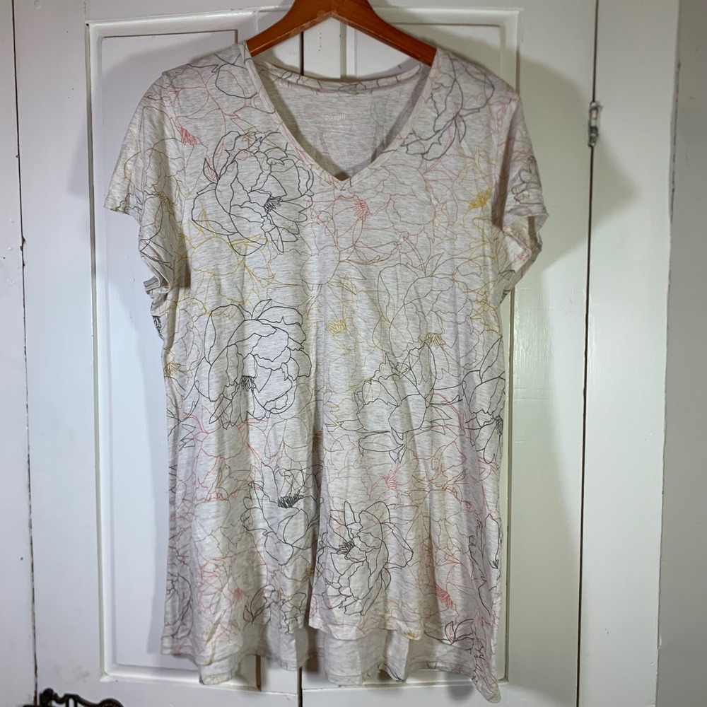 Pure Jill J. Jill Pima Cotton Elliptical Tee Grey Floral V-Neck Top Large Casual